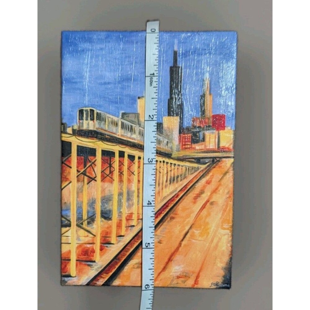 Mini Chicago CTA L Train Skyline Acrylic Painting 4"x6" Willis Tower Art - Picture 6 of 6